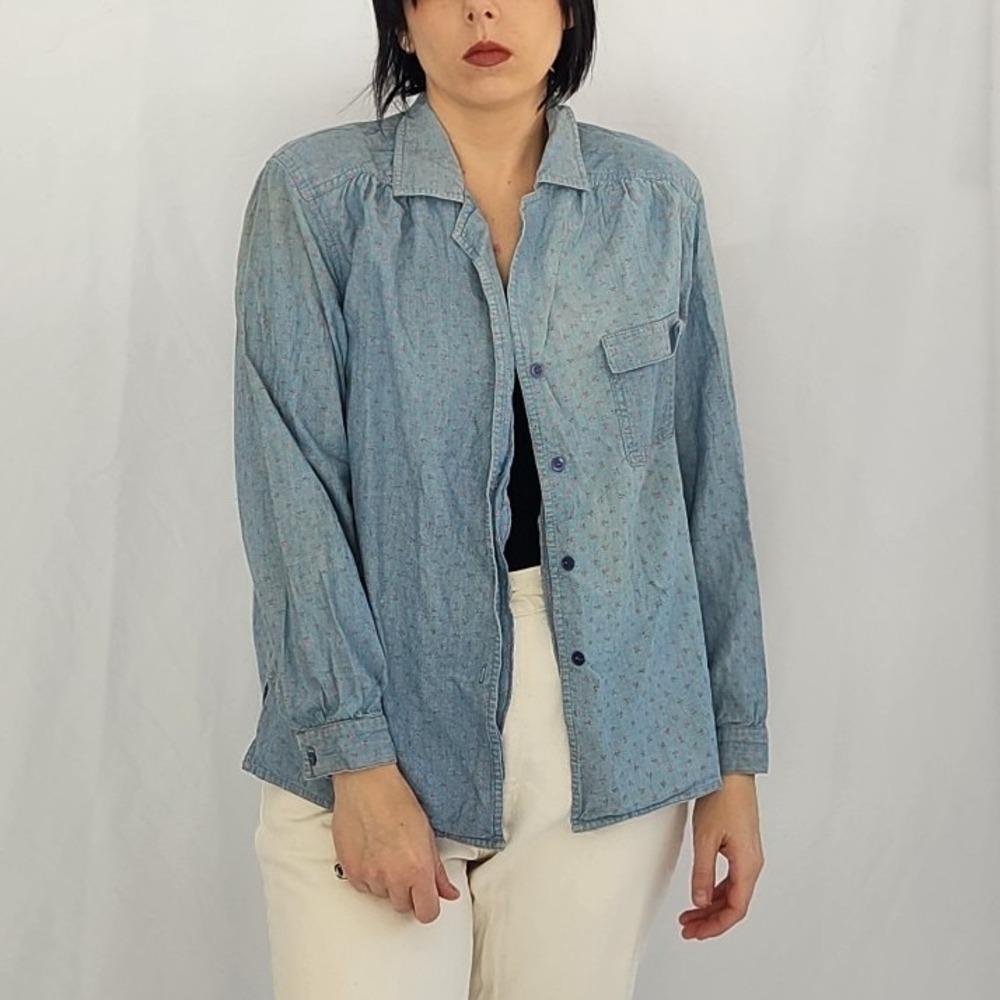 90s Blue and Pink Ditsy Floral Chambray Shirt